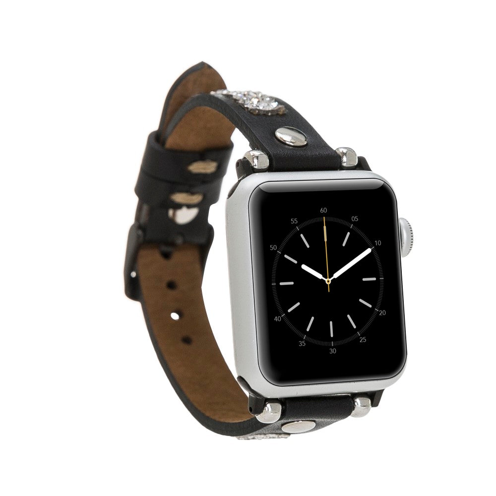 Apple Watch uyumlu, Hakiki Deri, El Yapımı Kordon, Taşlı ST Rustik Siyah